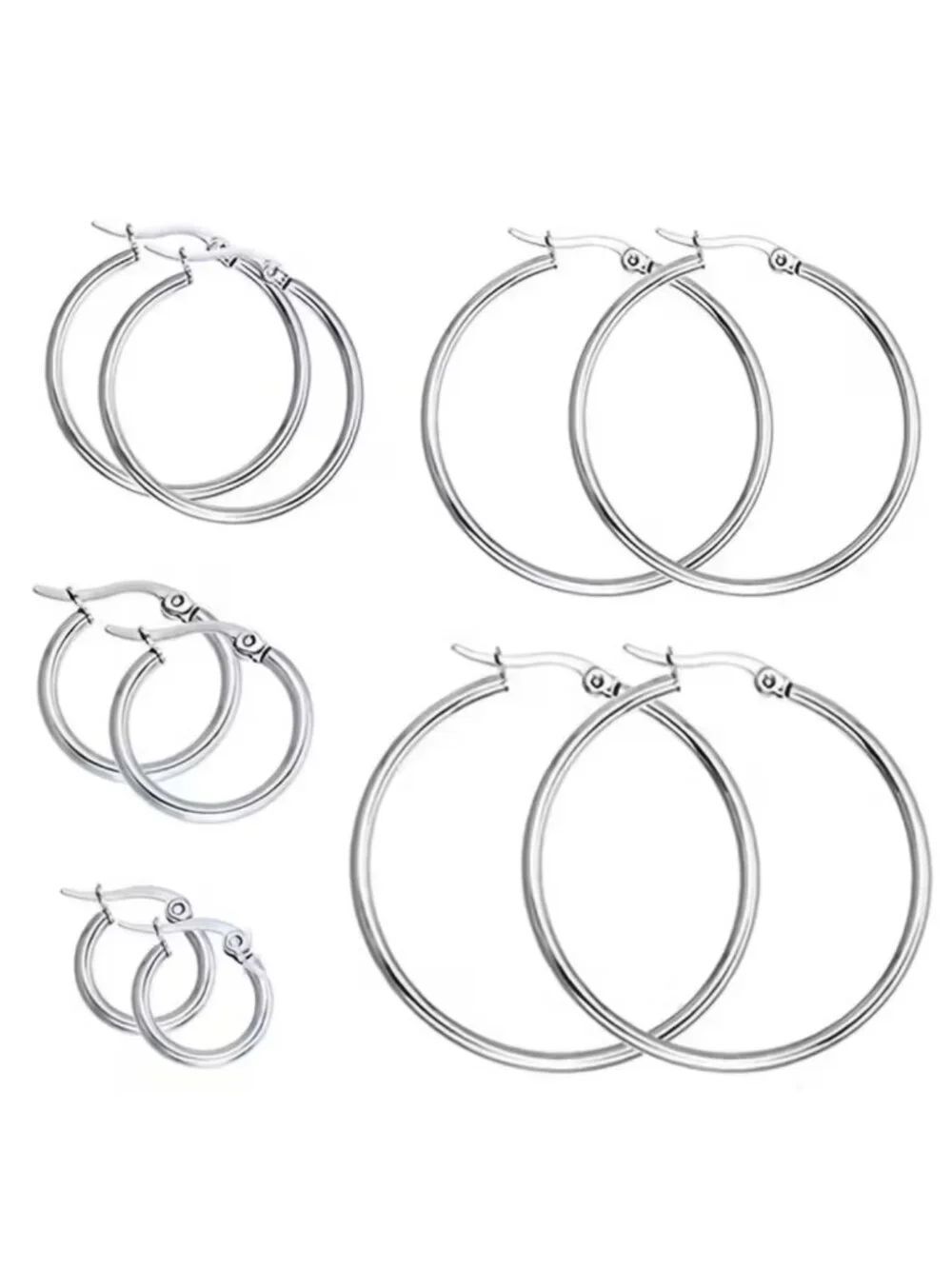 NWT 5 Pair Stainless Steel Hoop Earrings Set Hypoallergenic Silver Assorted Size